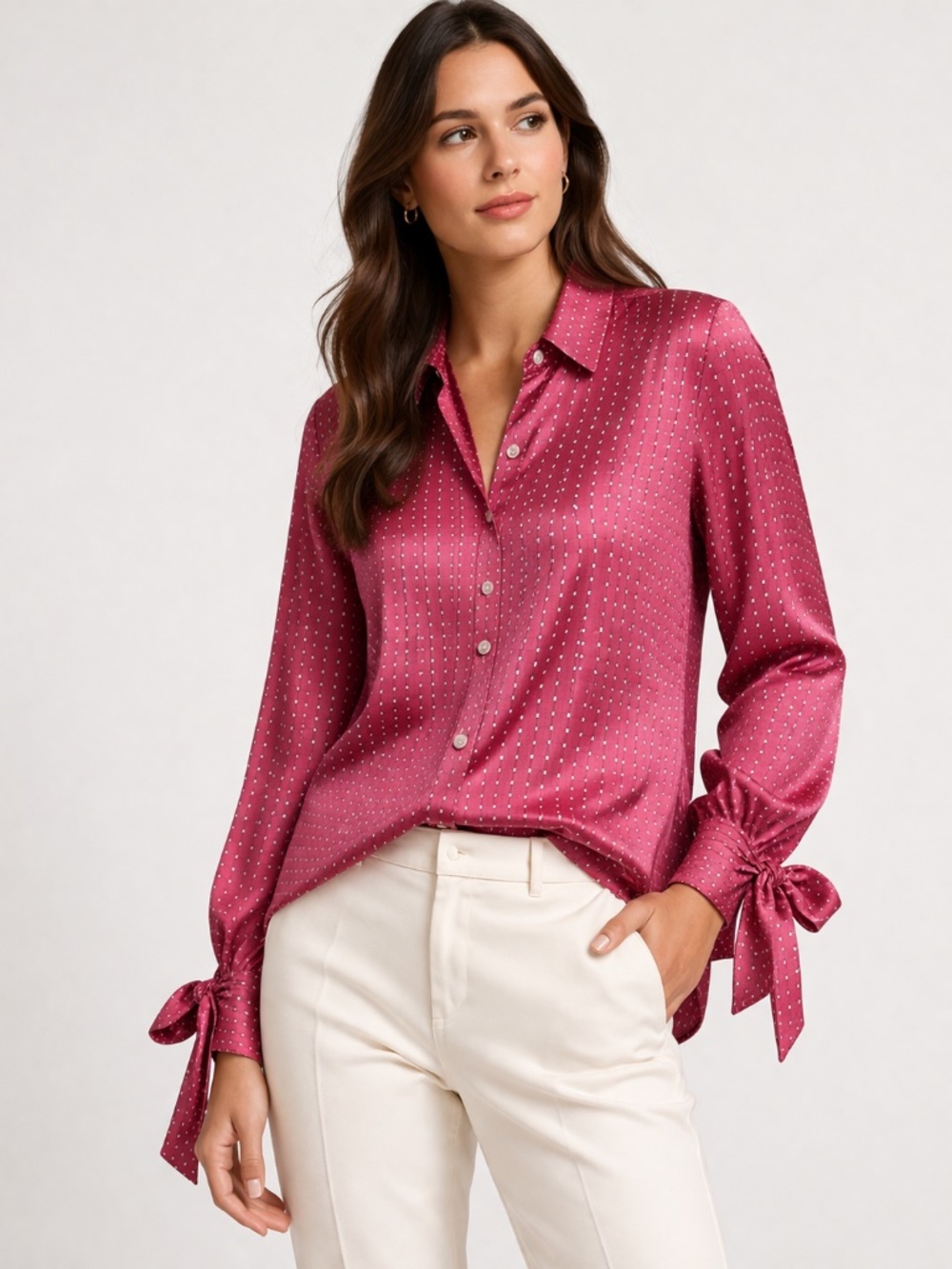 Theory Silk Tie Cuff Blouse Rose Pink Multi Women’s Size L